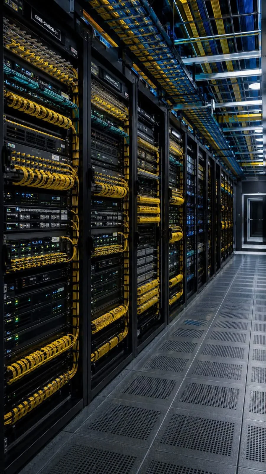 Pasillo de racks y distribución técnica